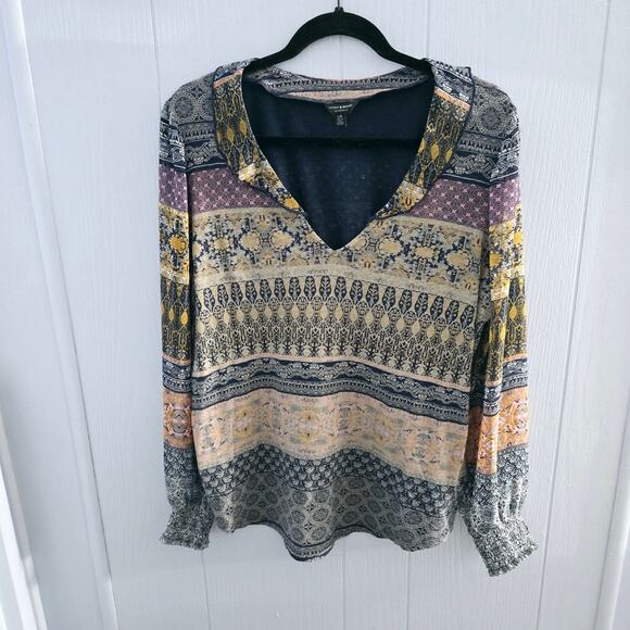 Lucky Brand Boho Patchwork Top Size Large Mixed Print Long Sleeve, Sheer Sleeves - Picture 1 of 9